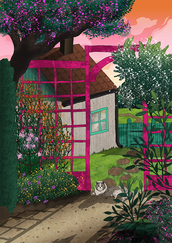 Illustration Katt i trädgård2